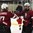 GRAND FORKS, NORTH DAKOTA - APRIL 21: Latvia's Renars Krastenbergs #17 and Erlends Klavins #18 celebrates after scoring a third period against Denmark during relegation round action at the 2016 IIHF Ice Hockey U18 World Championship. (Photo by Matt Zambonin/HHOF-IIHF Images)

